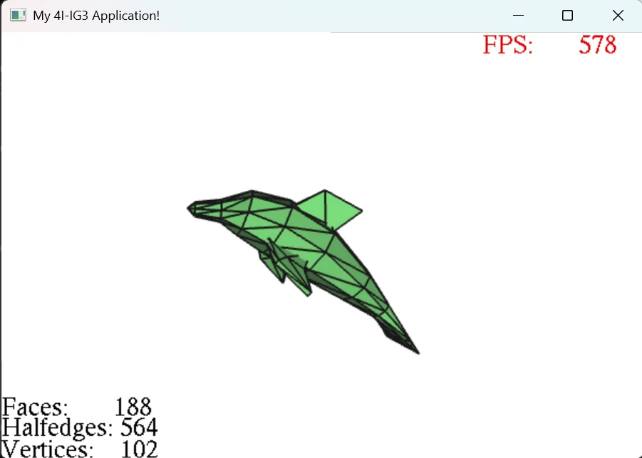 Éditeur de maillage 3D affichant un modèle low-poly filaire avec le compteur FPS et les statistiques de topologie