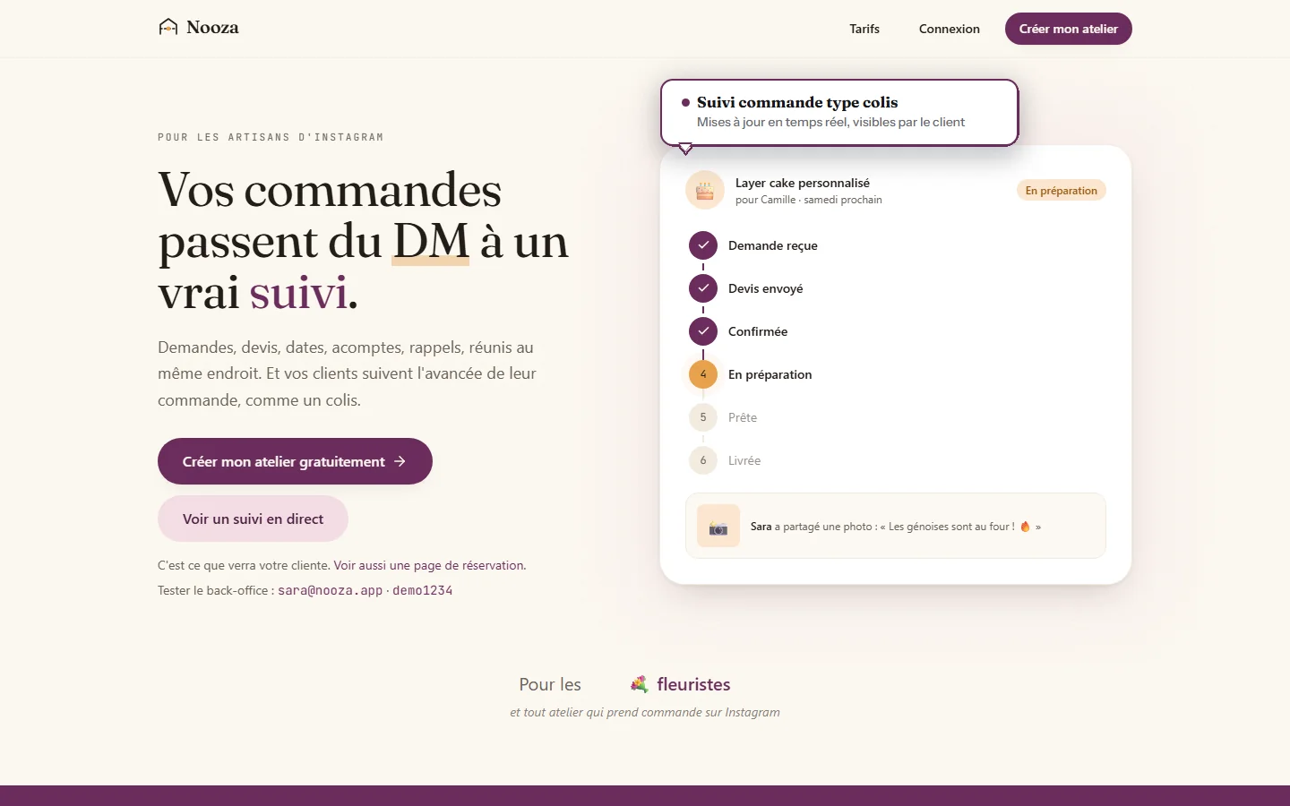 Page vitrine Nooza avec un aperçu du suivi de commande en 6 étapes, façon colis