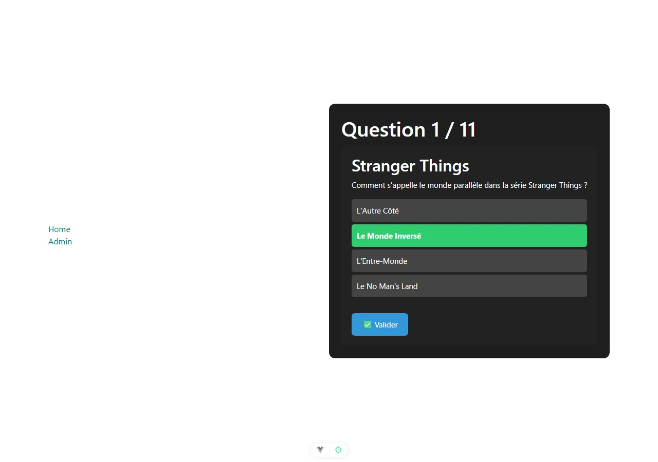Écran de question à choix multiples du quiz, avec la bonne réponse surlignée en vert